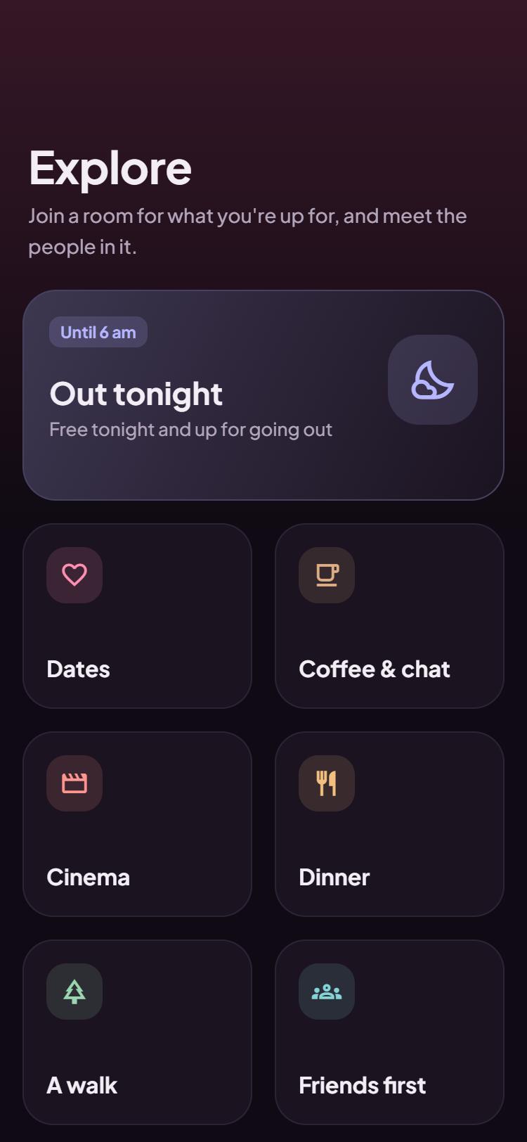 The Explore screen in Lgeetak: rooms for every mood